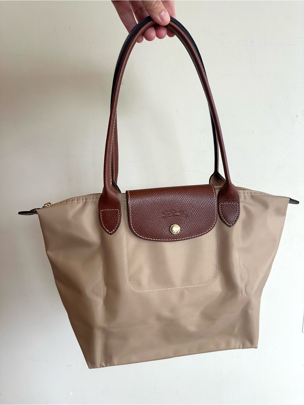 Longchamp le Pliage Medium Beige Tote Bag Taupe With Card Like New